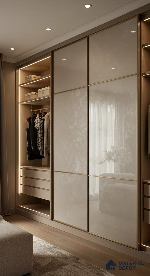 Modern wardrobe with high gloss beige marble-look laminate and light oak wood finish | Material Depot