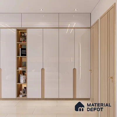 Modern wardrobe with high gloss frosty white laminate and light oak accents | Material Depot