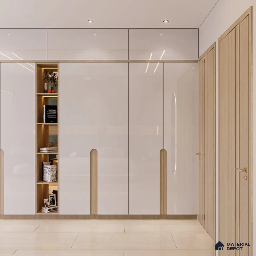 Modern wardrobe with high gloss frosty white laminate and light oak accents | Material Depot