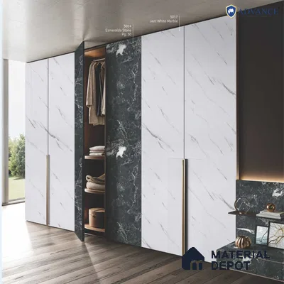 Modern wardrobe with jazz white marble laminate and esmeralda stone laminate accents | Material Depot