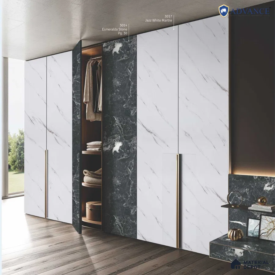 Modern wardrobe with jazz white marble laminate and esmeralda stone laminate accents | Material Depot