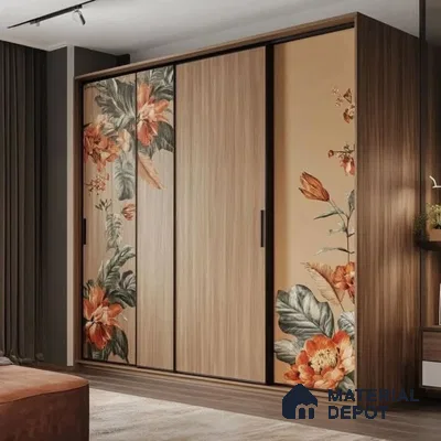 Modern wardrobe with light oak laminate and floral patterned laminate shutters | Material Depot
