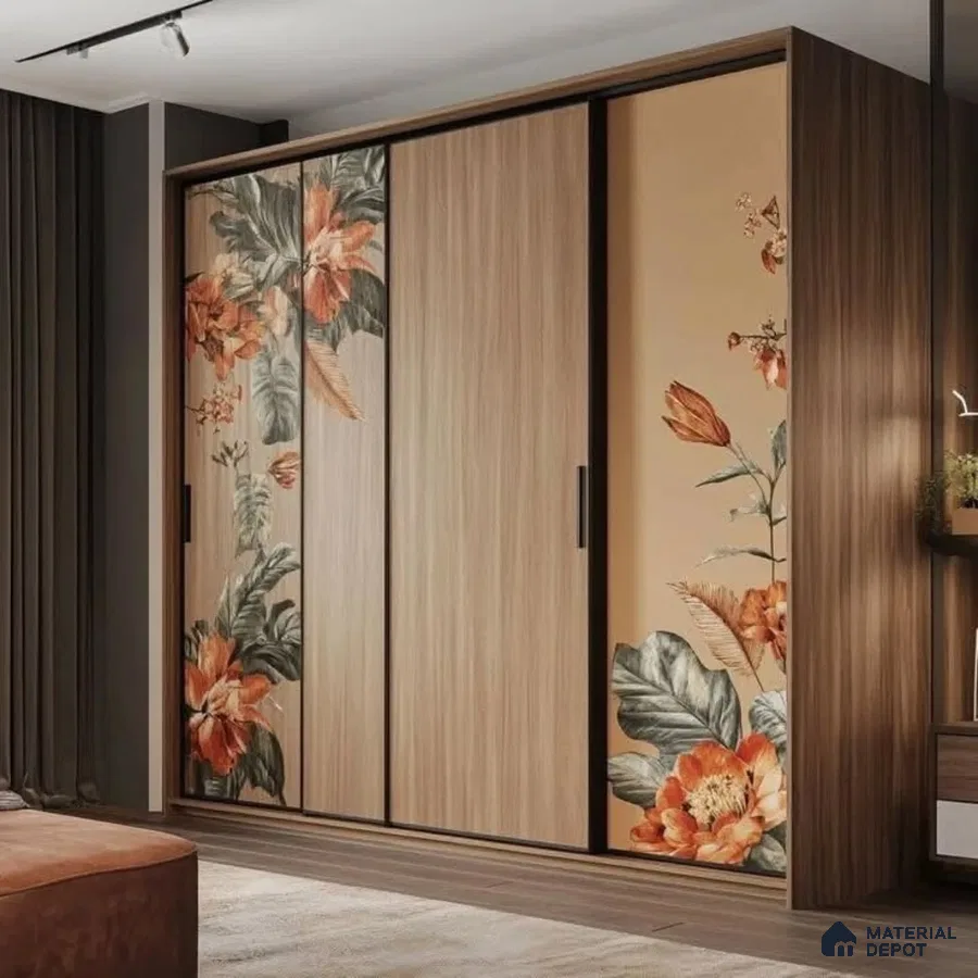 Modern wardrobe with light oak laminate and floral patterned laminate shutters | Material Depot