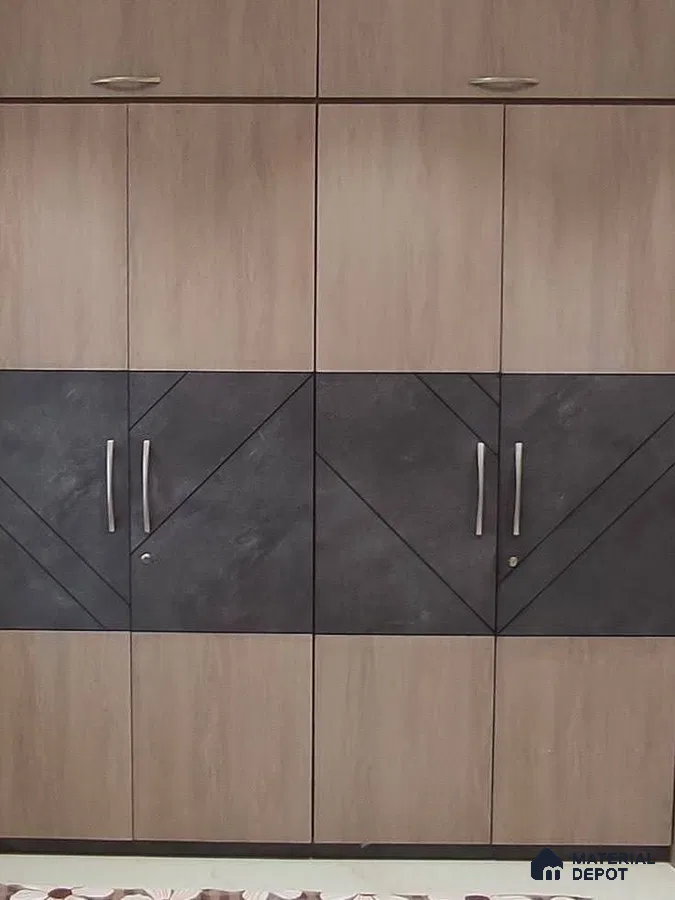 Modern wardrobe with light oak laminate and matte charcoal geometric laminate panels | Material Depot