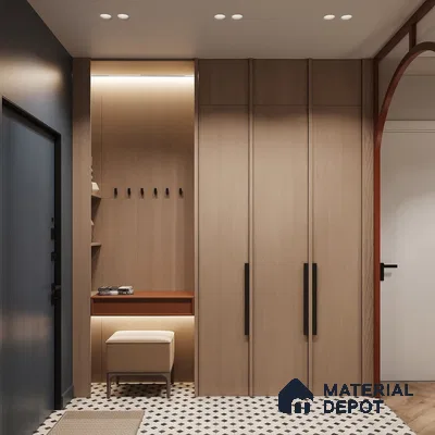 Modern Wardrobe with light oak laminate wardrobes and black-and-white geometric floor tiles | Material Depot
