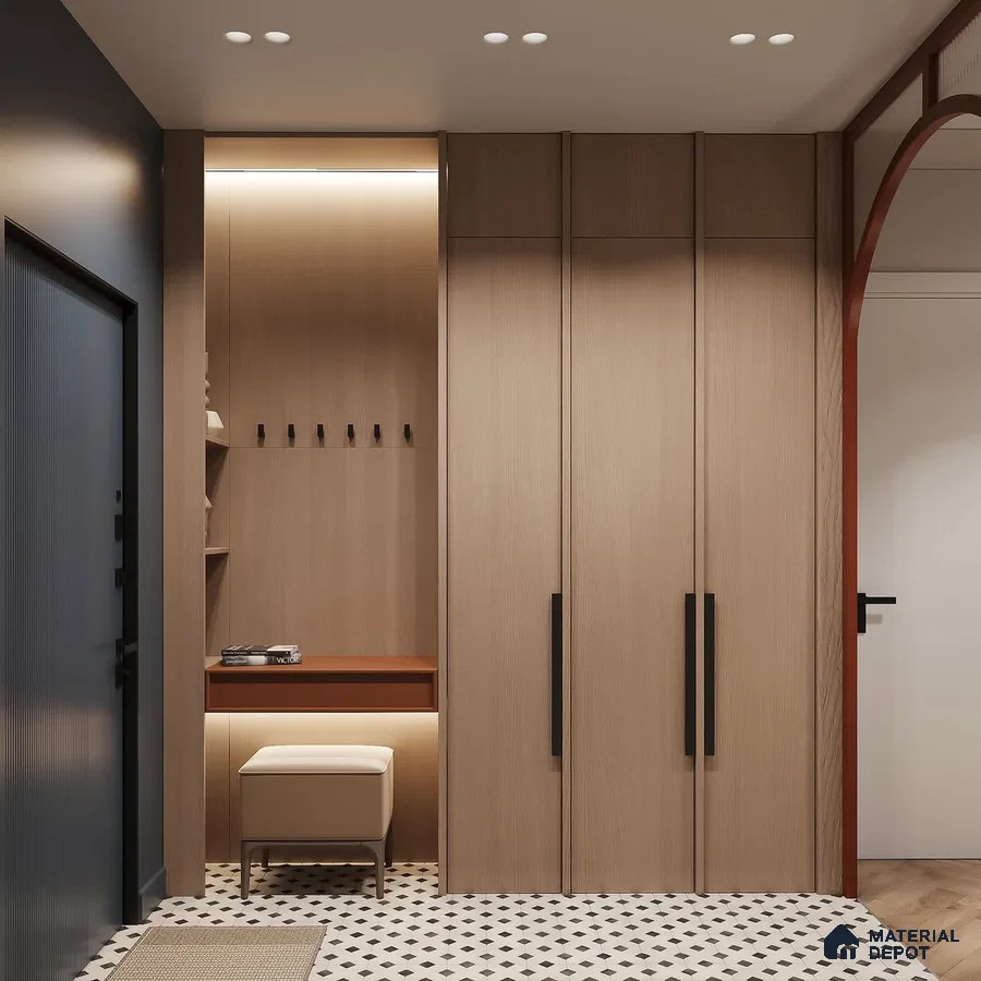 Modern Wardrobe with light oak laminate wardrobes and black-and-white geometric floor tiles | Material Depot