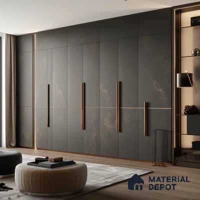 Modern wardrobe with matte black laminate, bronze accent handles, and light oak wooden flooring | Material Depot