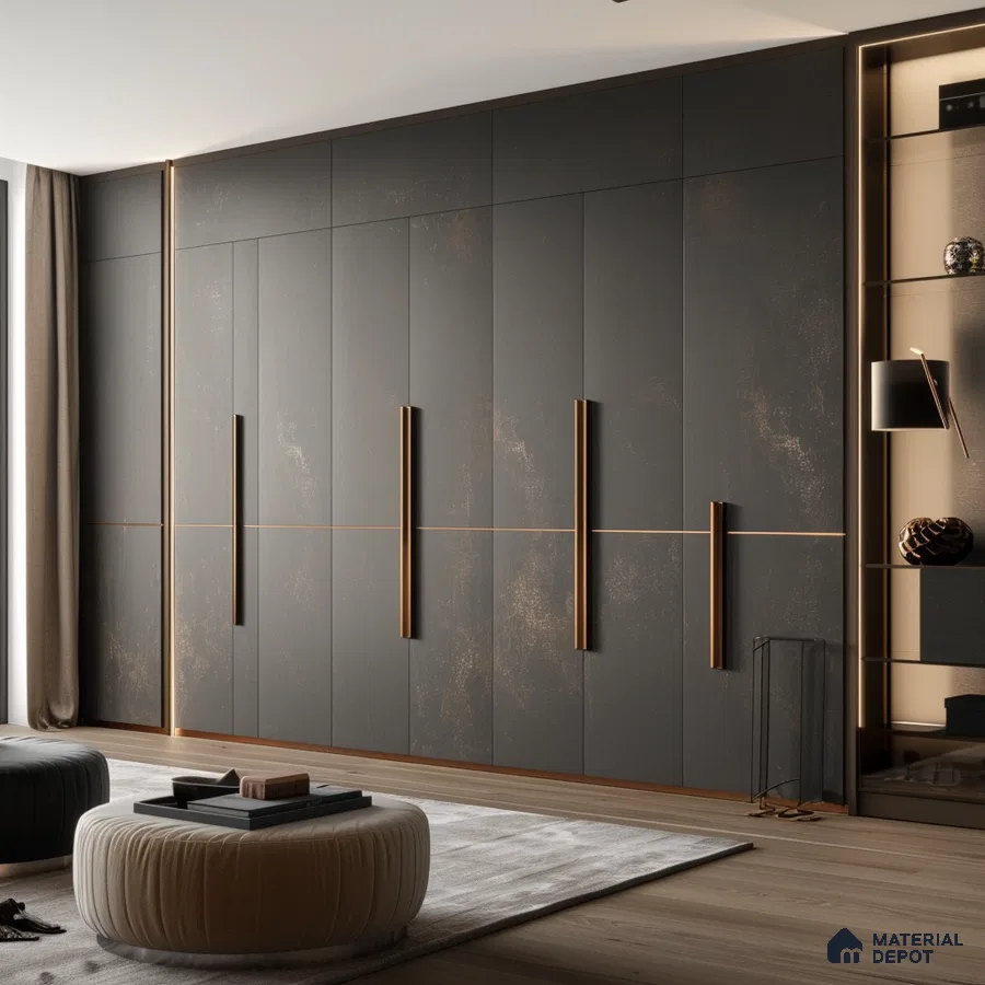 Modern wardrobe with matte black laminate, bronze accent handles, and light oak wooden flooring | Material Depot
