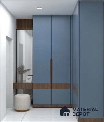 Modern wardrobe with matte blue laminate and walnut wood accents | Material Depot