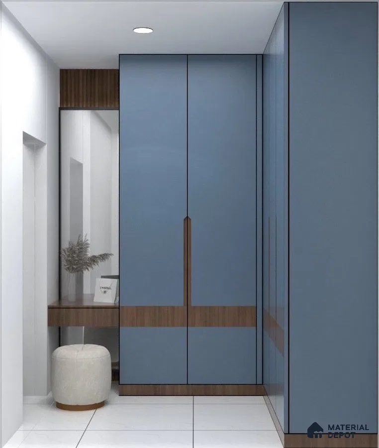 Modern wardrobe with matte blue laminate and walnut wood accents | Material Depot