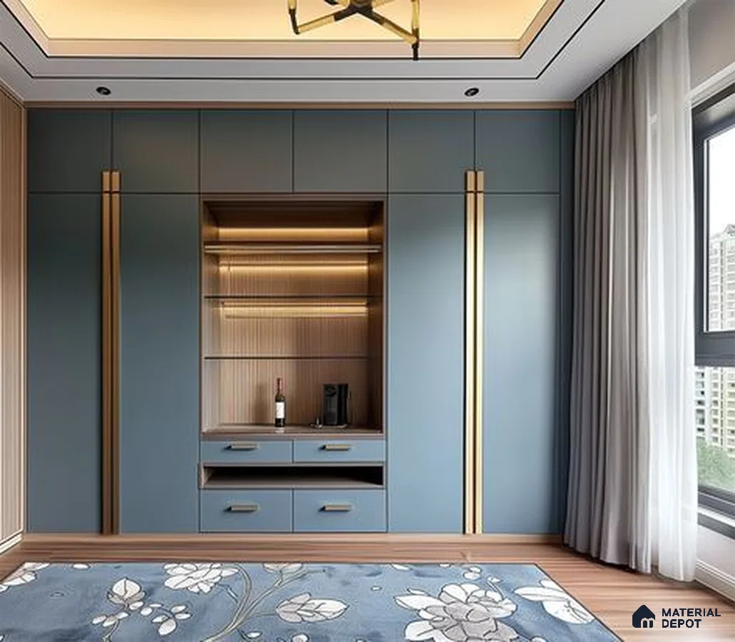 Modern wardrobe with matte blue laminate, gold accent profiles, and wood grain laminate flooring | Material Depot