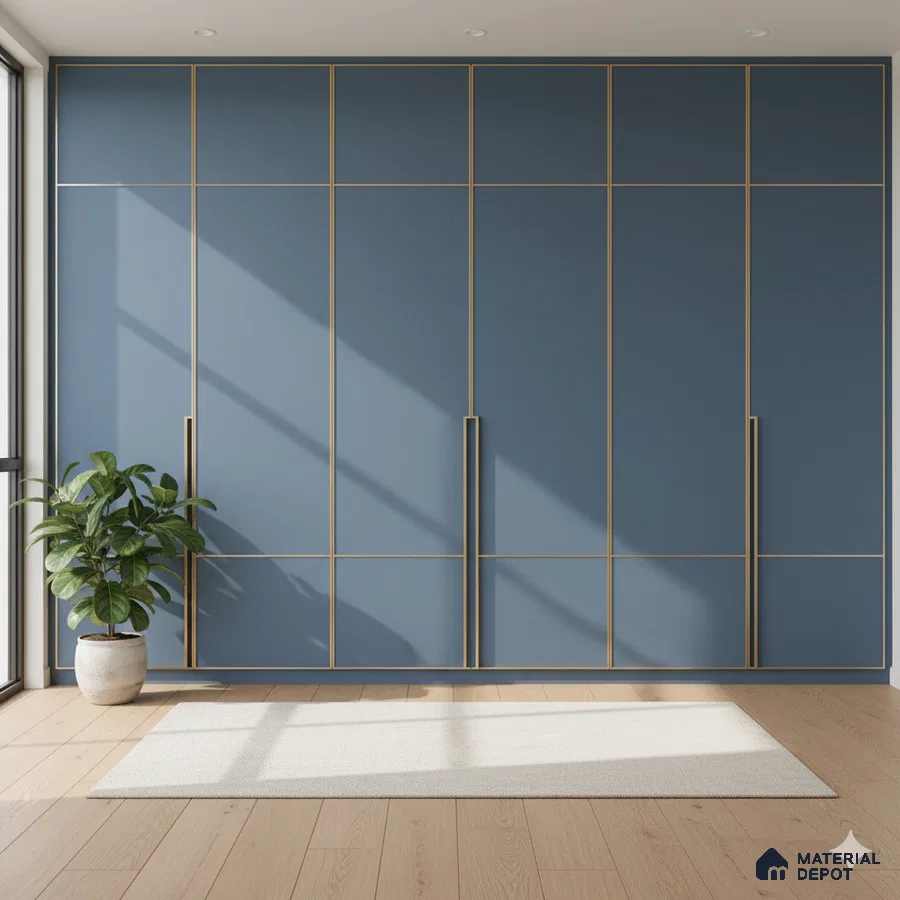 Modern wardrobe with matte blue laminate, gold accent profiles, and wooden flooring | Material Depot