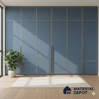 Modern wardrobe with matte blue laminate, gold accent profiles, and wooden flooring | Material Depot