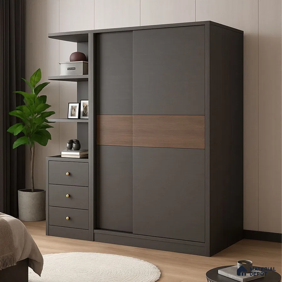 Modern wardrobe with matte charcoal grey laminate and walnut brown accent in bedroom | Material Depot