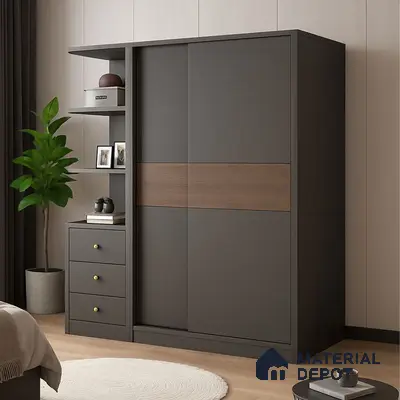 Modern wardrobe with matte charcoal grey laminate and walnut brown accent in bedroom | Material Depot