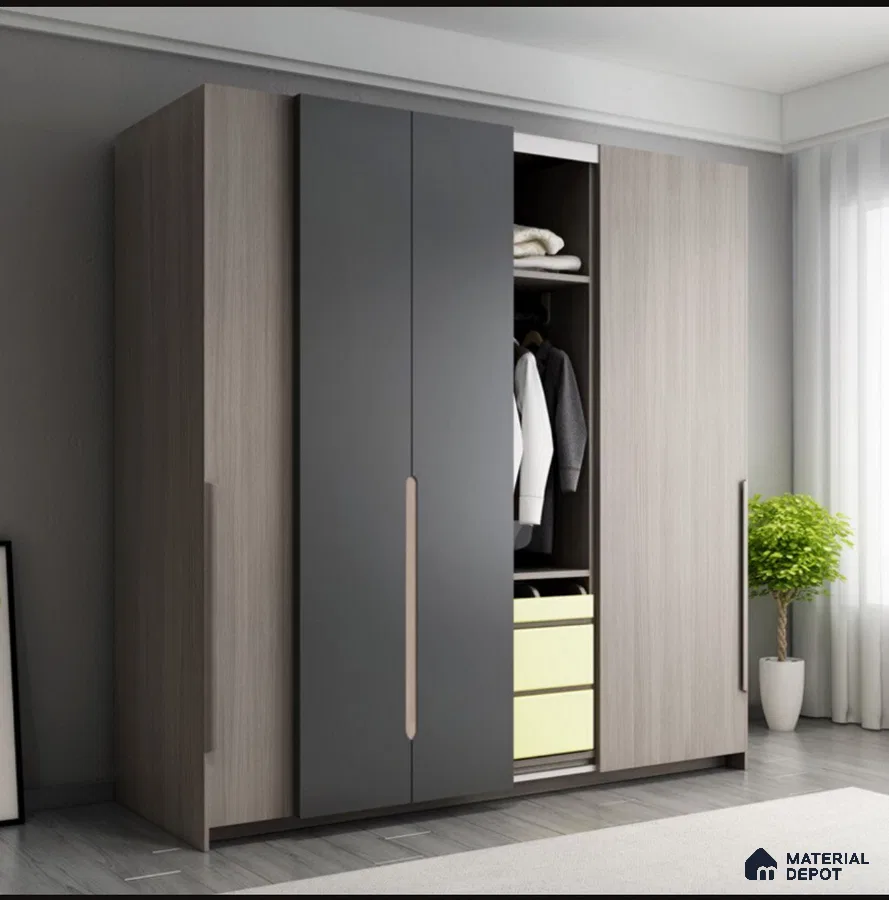 Modern wardrobe with matte grey and light oak laminate shutters | Material Depot