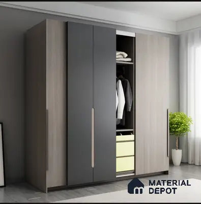 Modern wardrobe with matte grey and light oak laminate shutters | Material Depot