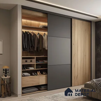 Modern wardrobe with matte grey laminate and natural oak wood laminate shutters | Material Depot