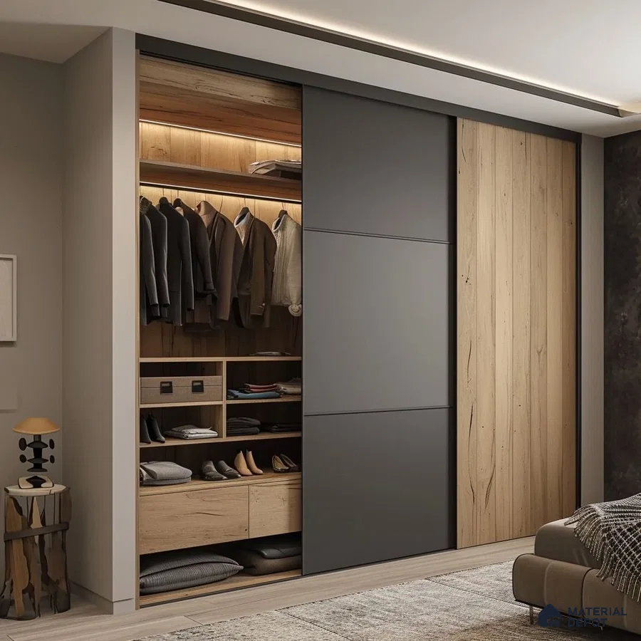 Modern wardrobe with matte grey laminate and natural oak wood laminate shutters | Material Depot