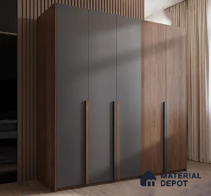 Modern wardrobe with matte grey laminate and walnut wood laminate shutters | Material Depot