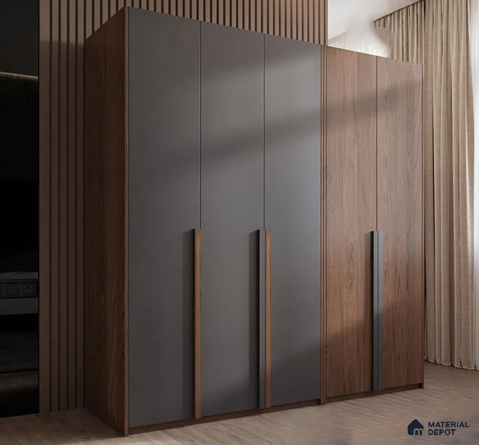 Modern wardrobe with matte grey laminate and walnut wood laminate shutters | Material Depot