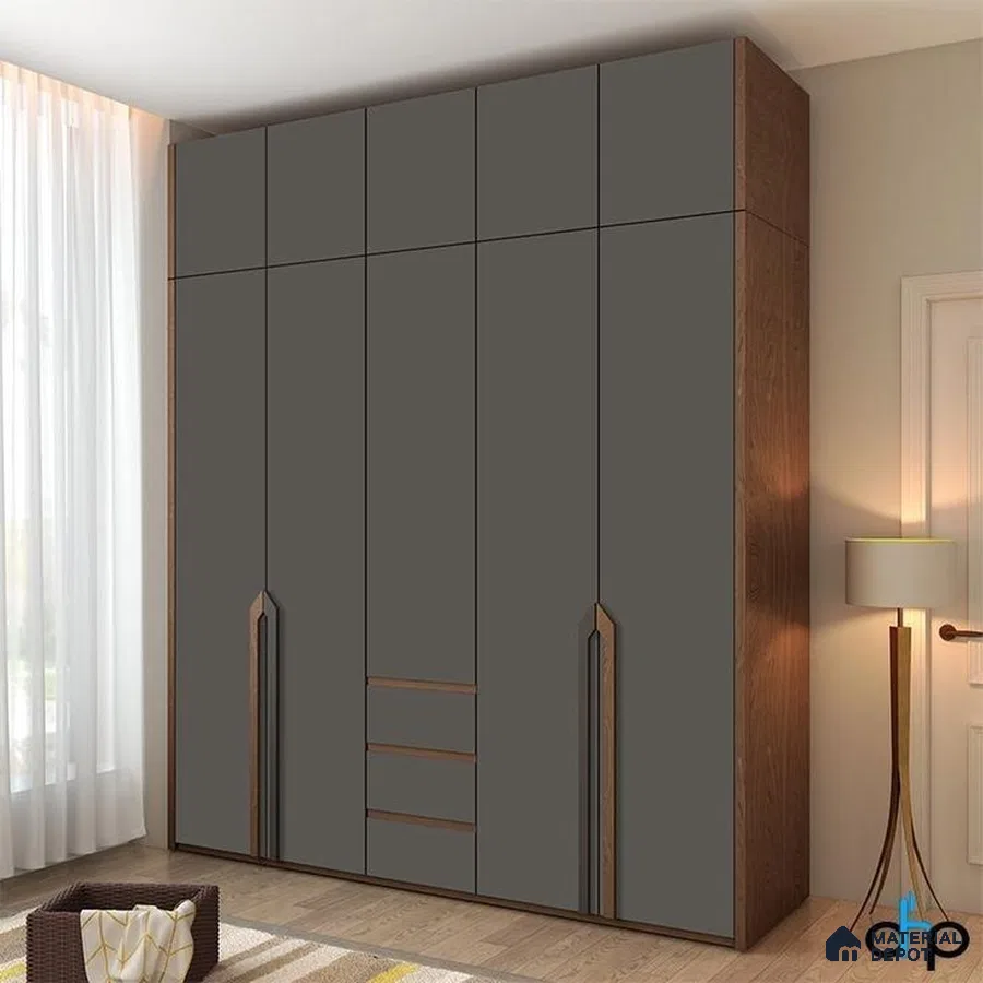 Modern wardrobe with matte grey laminate shutters and walnut wood laminate frame | Material Depot