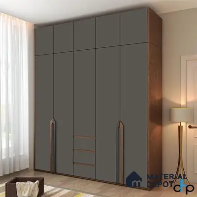 Modern wardrobe with matte grey laminate shutters and walnut wood laminate frame | Material Depot