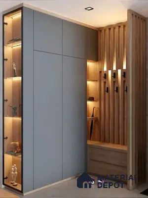 Modern Wardrobe with matte grey laminate wardrobe, natural oak wood louver panels, and integrated display shelves | Material Depot