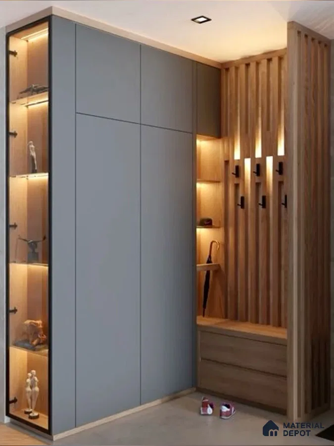 Modern Wardrobe with matte grey laminate wardrobe, natural oak wood louver panels, and integrated display shelves | Material Depot