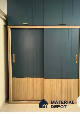 Modern wardrobe with matte teal solid color laminate and light oak wood grain laminate | Material Depot