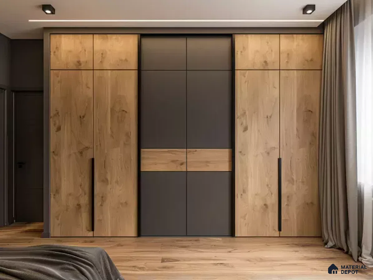 Modern wardrobe with natural oak wood laminate and matte charcoal grey laminate in bedroom | Material Depot