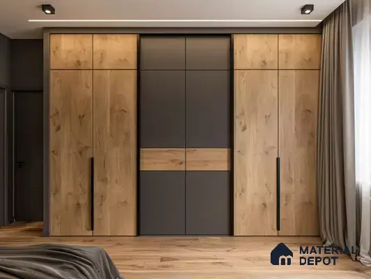 Modern wardrobe with natural oak wood laminate and matte charcoal grey laminate in bedroom | Material Depot