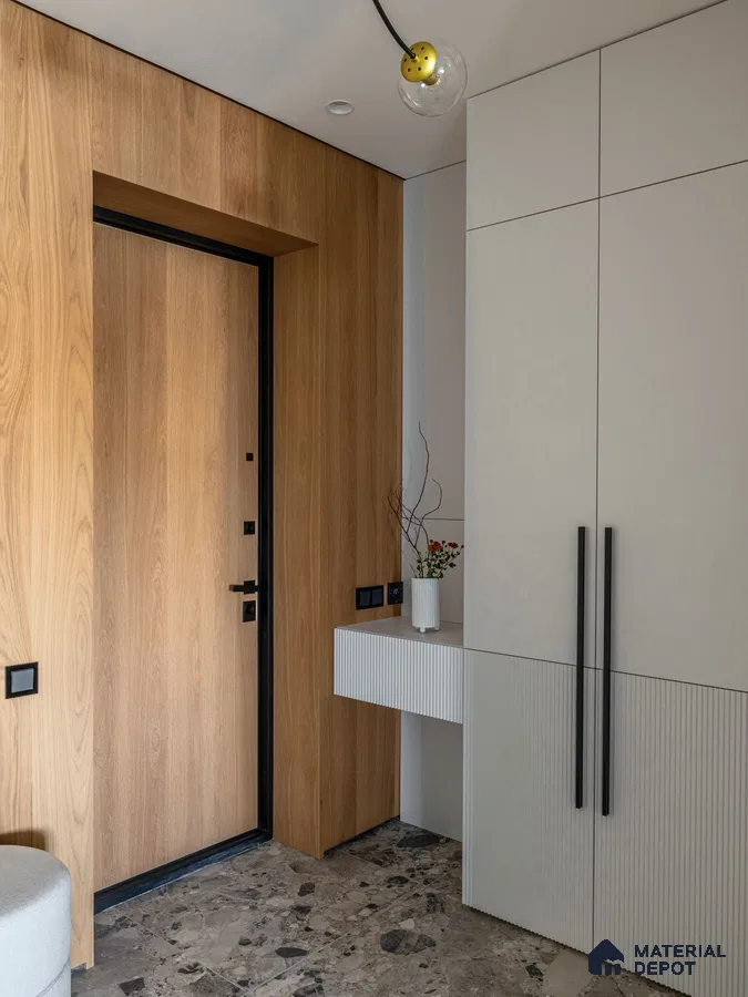 Modern Wardrobe with natural oak wood laminate, fluted white laminate console, and grey marble floor tile | Material Depot