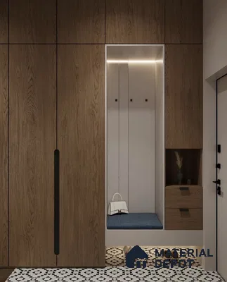 Modern Wardrobe with oak wood laminate cabinets and black-and-white geometric patterned floor tiles | Material Depot