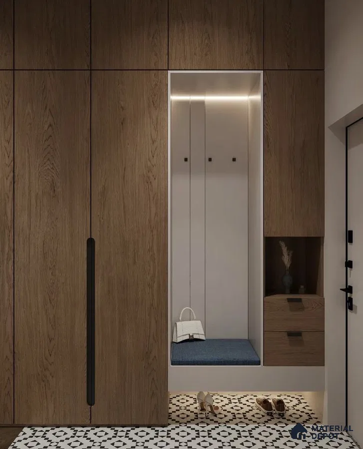 Modern Wardrobe with oak wood laminate cabinets and black-and-white geometric patterned floor tiles | Material Depot
