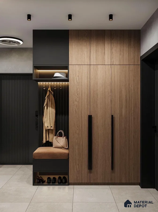 Modern Wardrobe with oak wood laminate wardrobes, black fluted panels, and beige suede bench | Material Depot