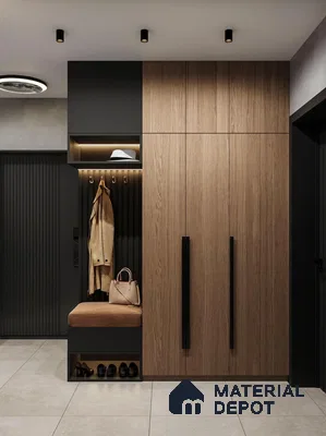 Modern Wardrobe with oak wood laminate wardrobes, black fluted wall panels, and beige suede bench | Material Depot