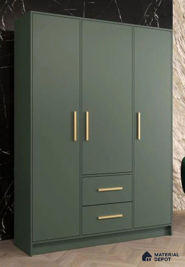 Modern wardrobe with olive green laminate and gold handles against marble accent wall | Material Depot