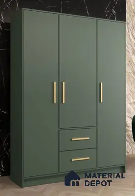 Modern wardrobe with olive green laminate and gold handles against marble accent wall | Material Depot