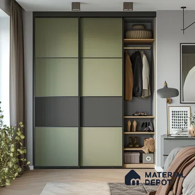 Modern wardrobe with sage green and charcoal grey laminate sliding shutters in bedroom | Material Depot