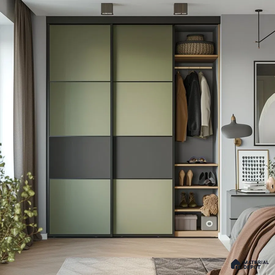 Modern wardrobe with sage green and charcoal grey laminate sliding shutters in bedroom | Material Depot