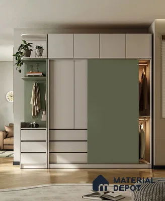 Modern wardrobe with sage green and frosty white laminate in bedroom | Material Depot