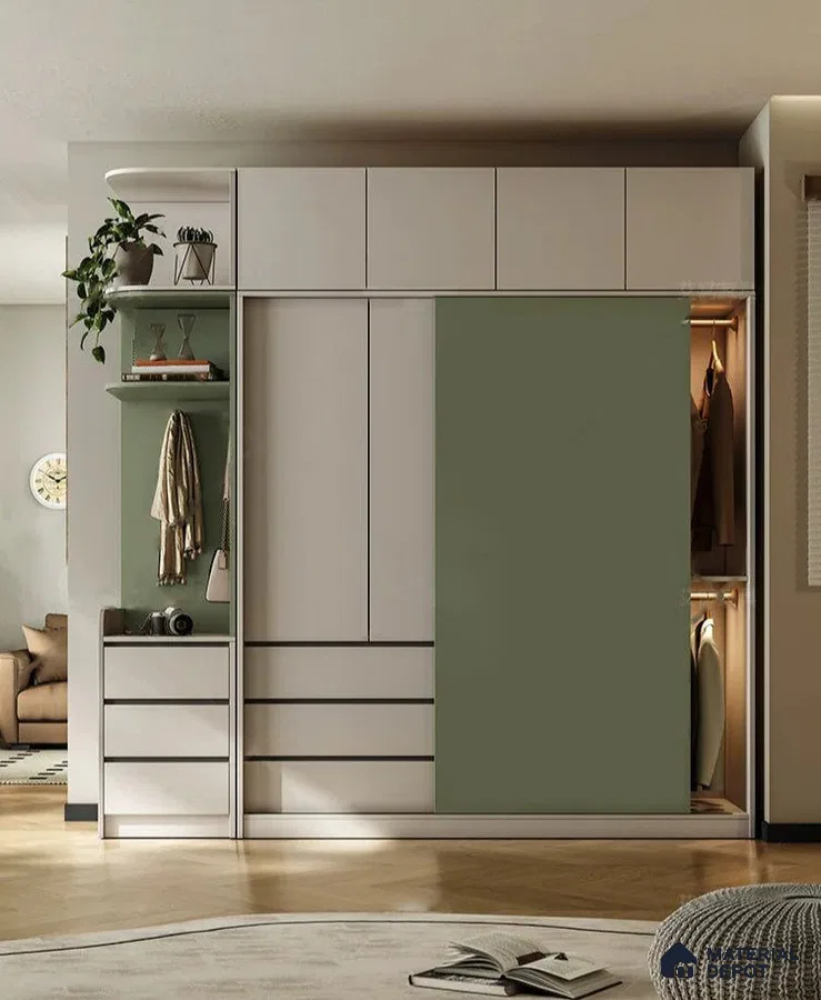Modern wardrobe with sage green and frosty white laminate in bedroom | Material Depot