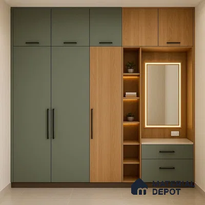 Modern wardrobe with sage green and oak wood laminate, integrated dresser and open shelves | Material Depot