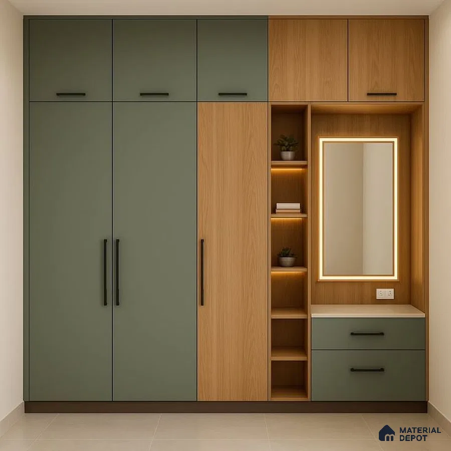 Modern wardrobe with sage green and oak wood laminate, integrated dresser and open shelves | Material Depot