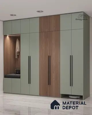 Modern wardrobe with sage green laminate and walnut wood laminate in entryway | Material Depot