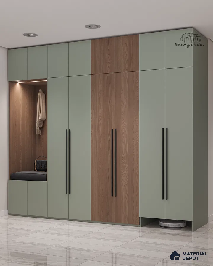 Modern wardrobe with sage green laminate and walnut wood laminate in entryway | Material Depot