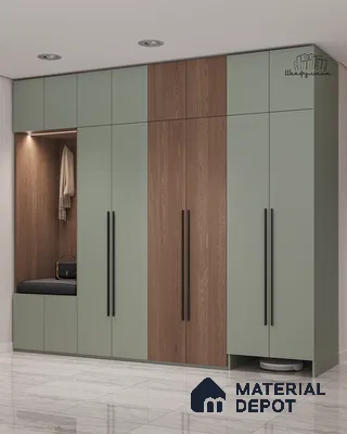 Modern wardrobe with sage green laminate and walnut wood laminate shutters | Material Depot