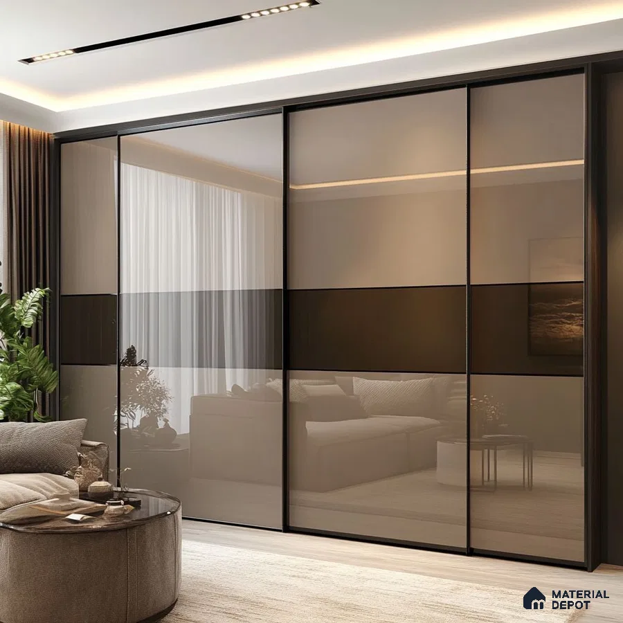 Modern wardrobe with taupe glass sliding shutters and matte black profiles in bedroom | Material Depot