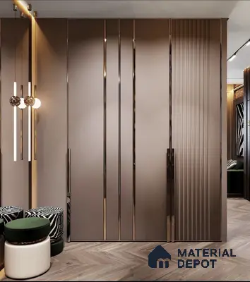 Modern wardrobe with taupe high gloss laminate, bronze metallic profiles, and herringbone wooden flooring | Material Depot
